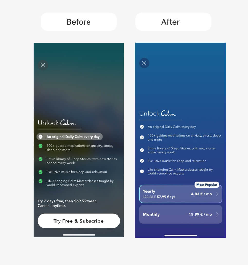 Calm App Paywall A/B Tests