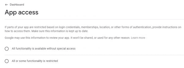 App Access in Google Play Console