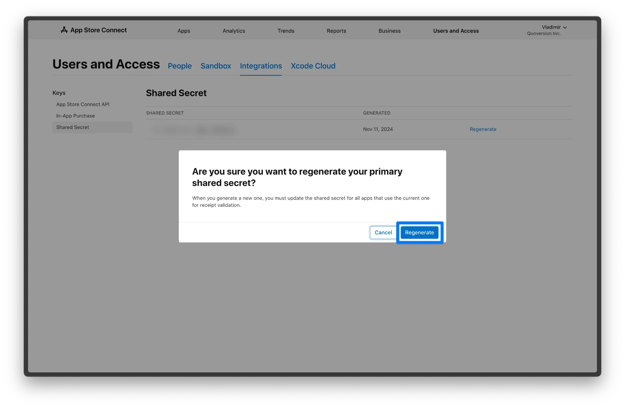 app store connect shared secret