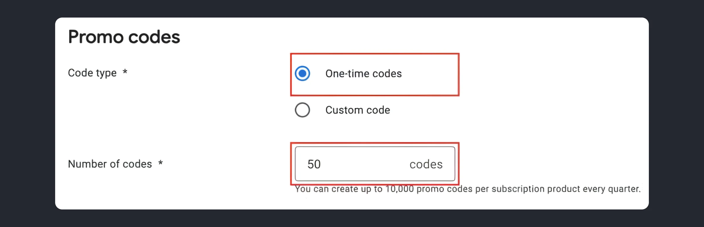 Google Play promo code type and quantity