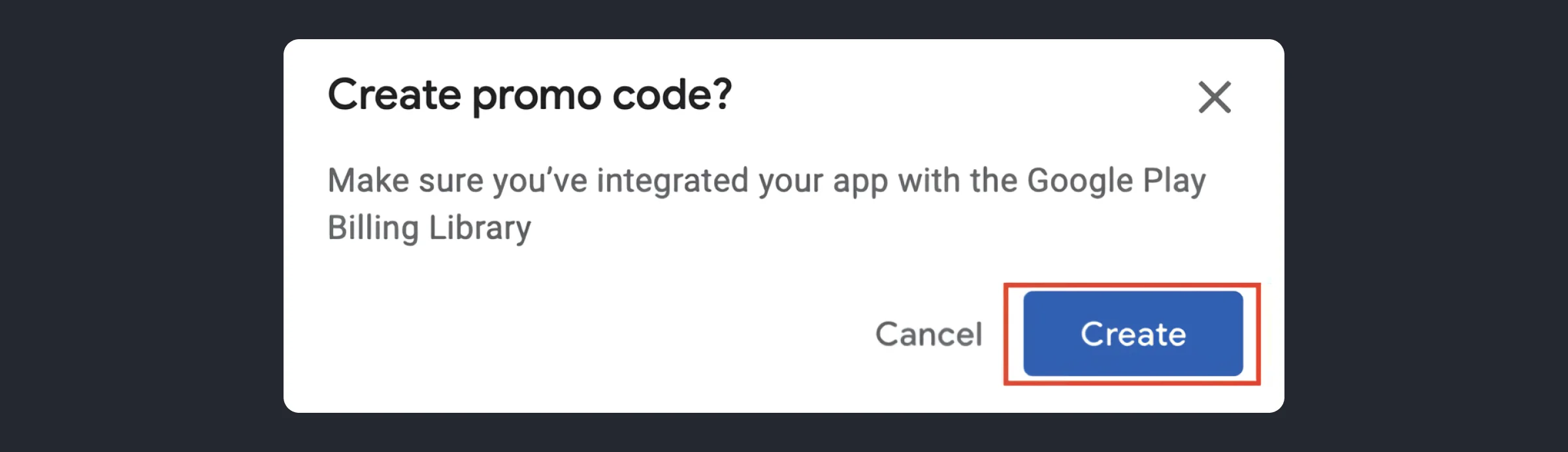 Create promo code on Google play, Create promo code button