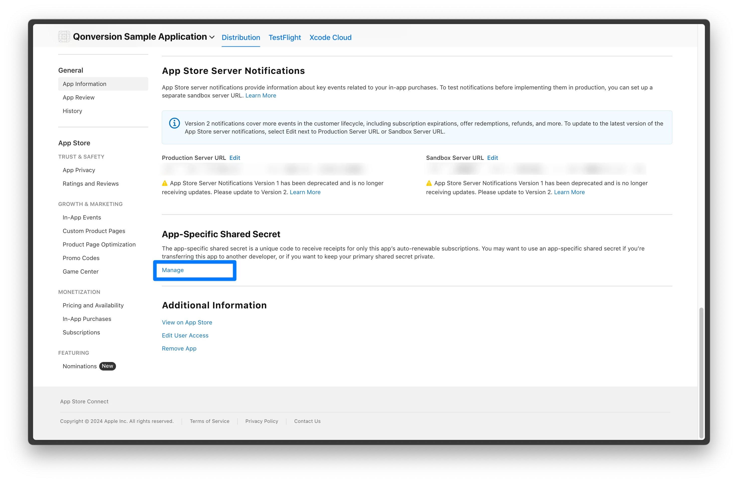 manage app store connect shared secret