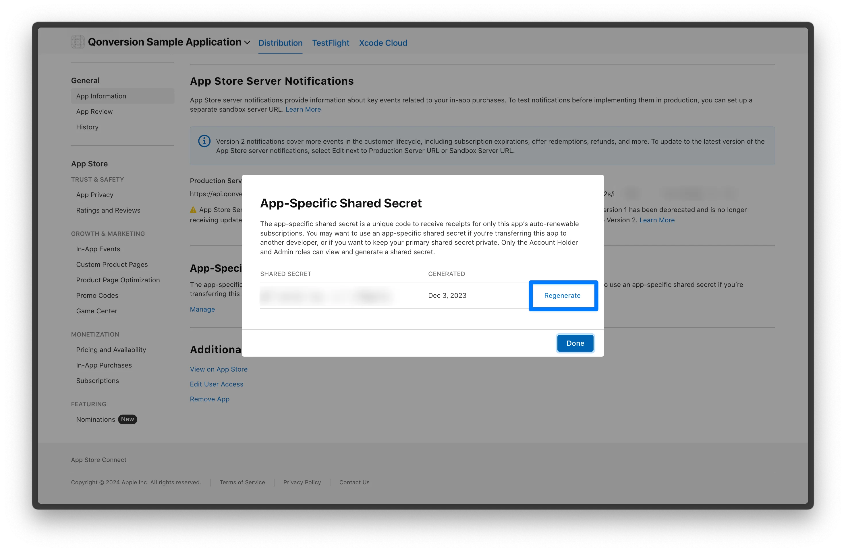 regenerate app store connect shared secret